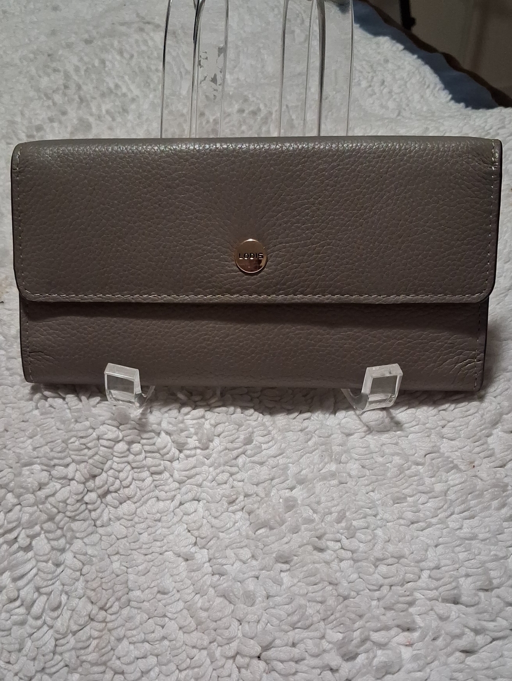 Lodis Taupe Pebbled Leather Continental Wallet with Gold Button
